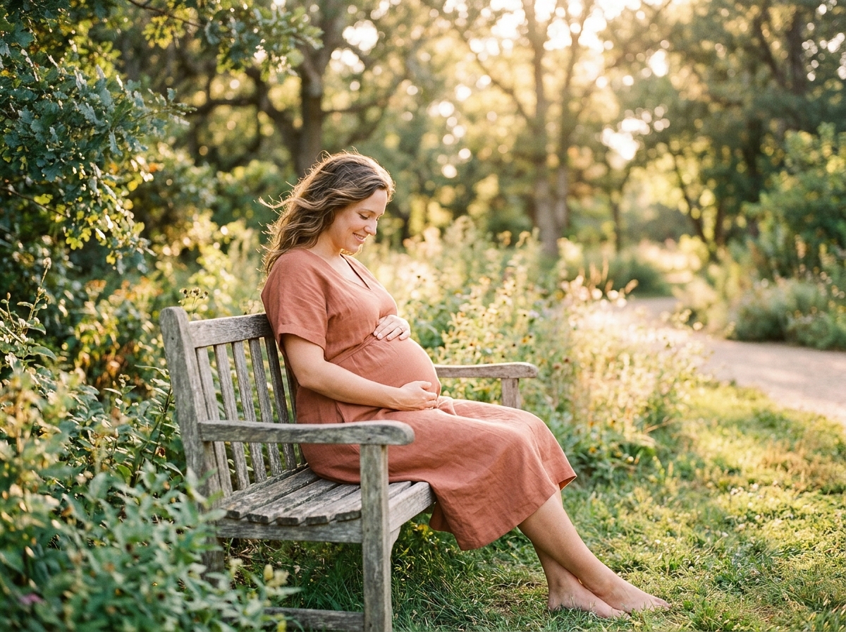 A serene outdoor scene during golden hour, featuring a pregnant woman gracefully posing with a soft 