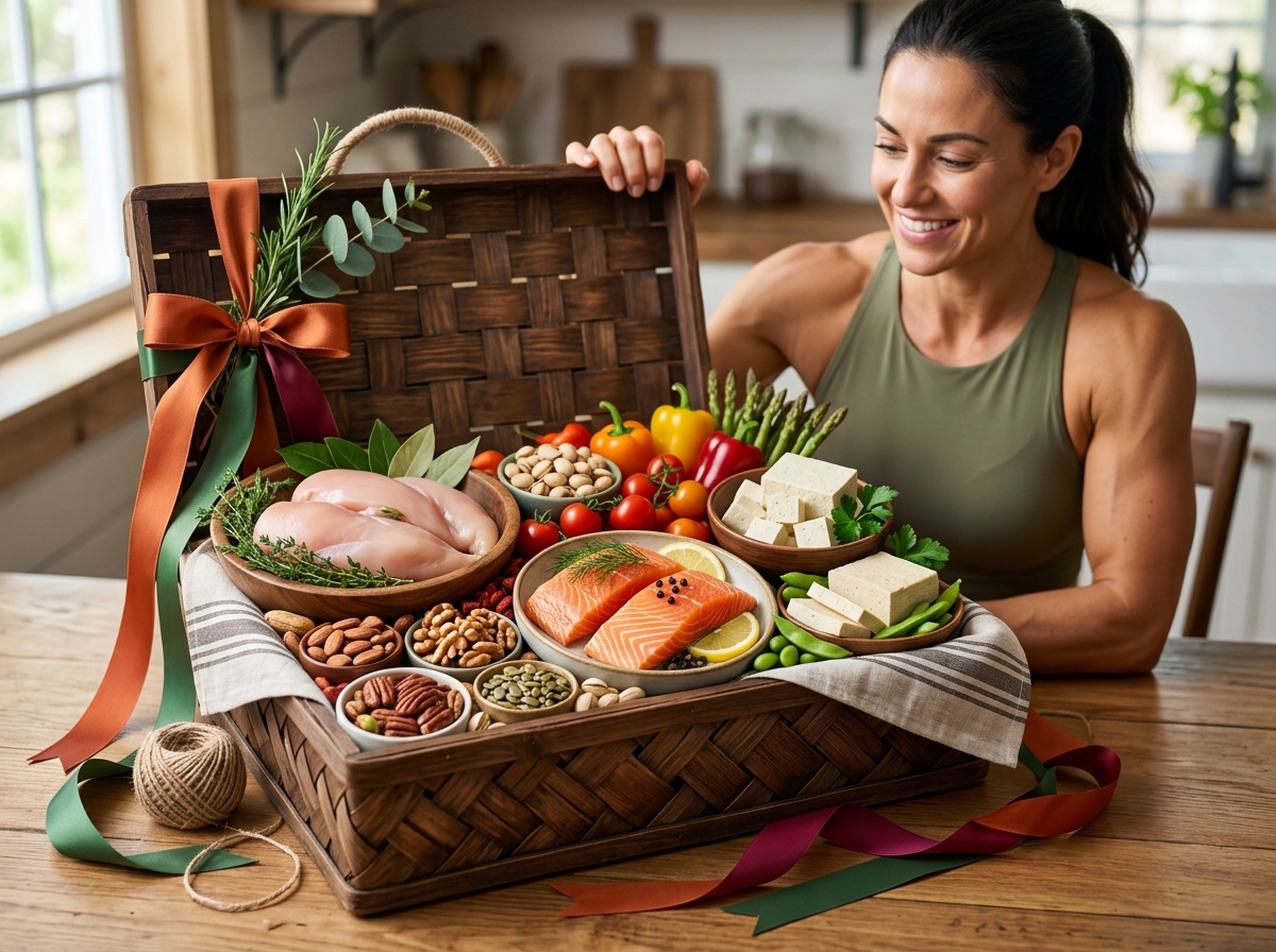 A beautifully arranged gift set of high-protein foods, featuring fresh chicken and fish, natural tof