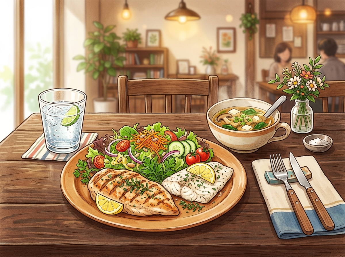 A colorful illustration depicting a healthy meal at a restaurant table, featuring grilled chicken, s