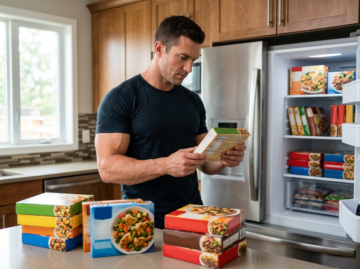 A realistic photo of a muscular person standing in a kitchen, surrounded by various high-protein fro