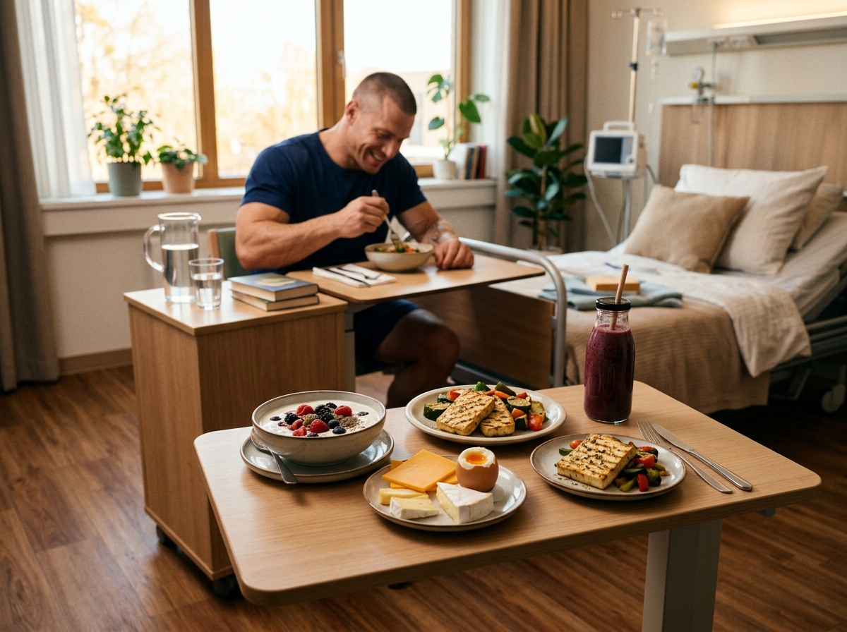 A realistic photo of a cozy hospital room featuring a table with a variety of high-protein foods suc