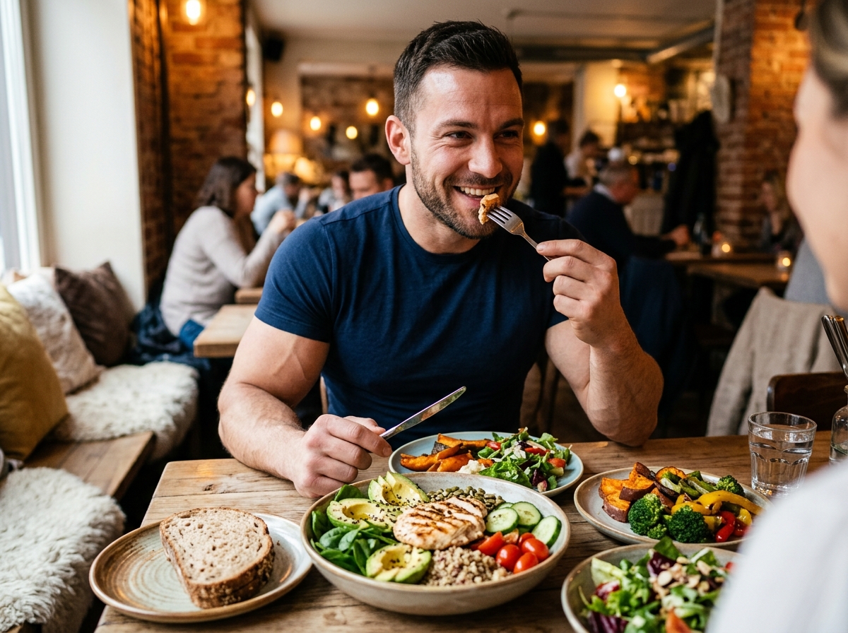 A muscular person enjoying a delicious meal in a cozy dining environment, with a variety of healthy 