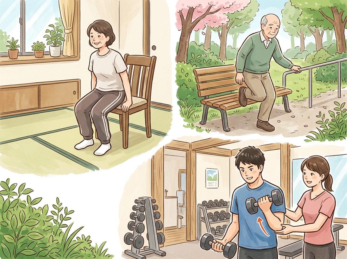 Professional illustration for article section about: エキセントリック運動の取り入れ方. 日本人が理解しやすい自然で親しみやすい画像。写真のようなリ