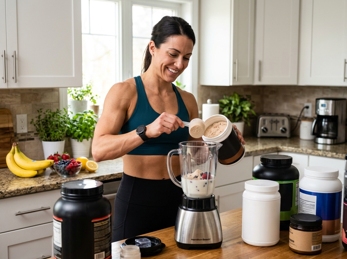 A fit man or woman, standing in a well-lit kitchen, preparing a protein shake with various protein p