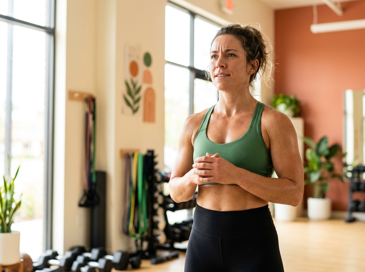 A muscular man or woman practicing positive self-talk in a bright, inspiring workout environment, su