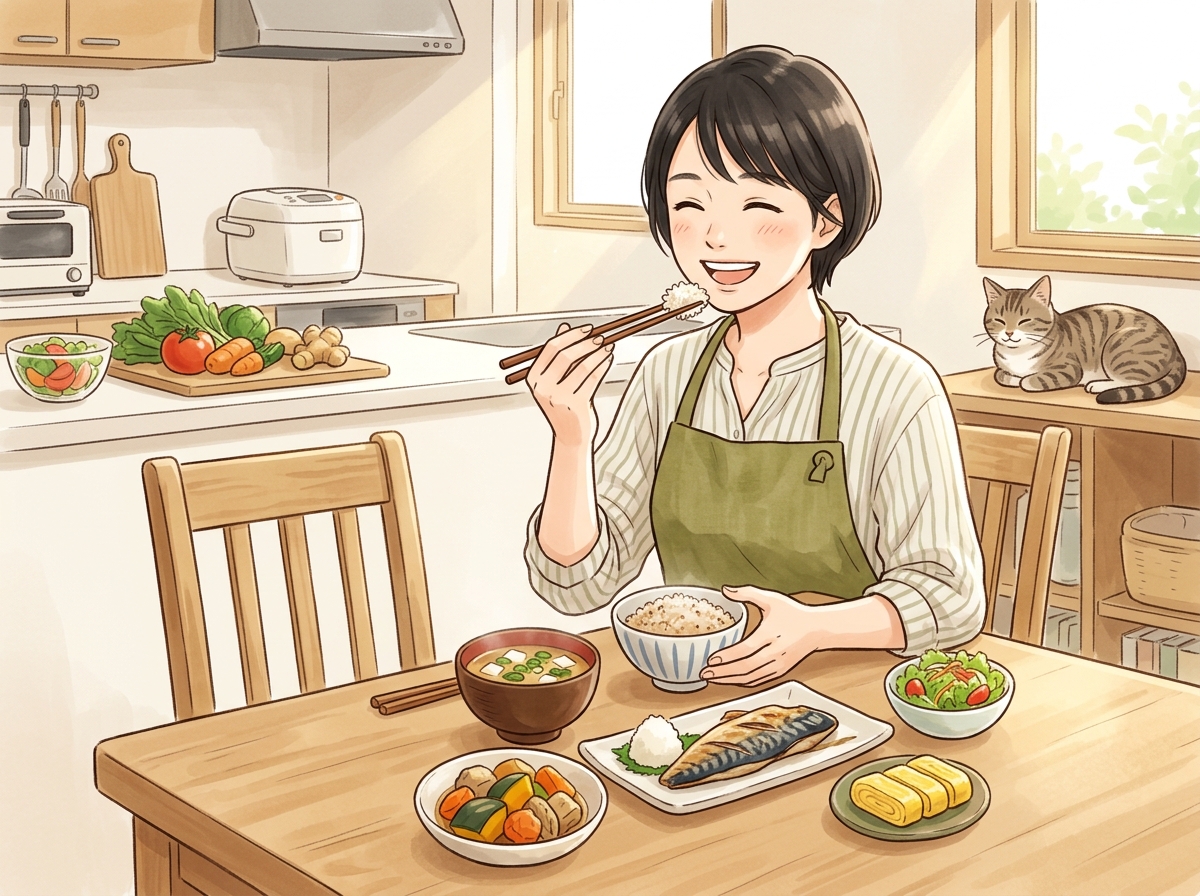 Professional illustration for article section about: 食事管理: 食べながら体脂肪を減らす. 日本人が理解しやすい自然で親しみやすい画像。写真のよう