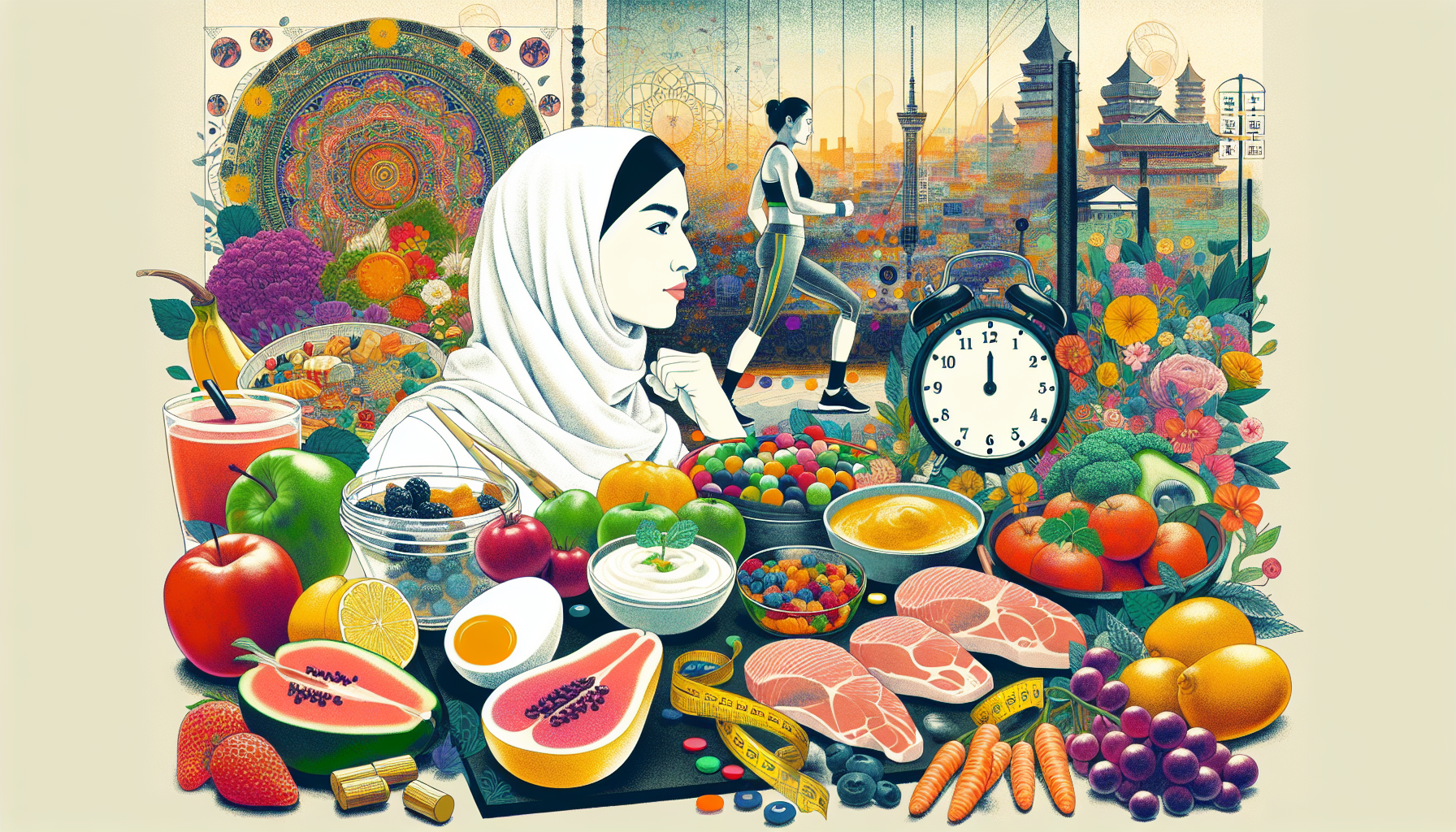 An illustration of a balanced meal plan and workout routine, featuring a colorful spread of protein-