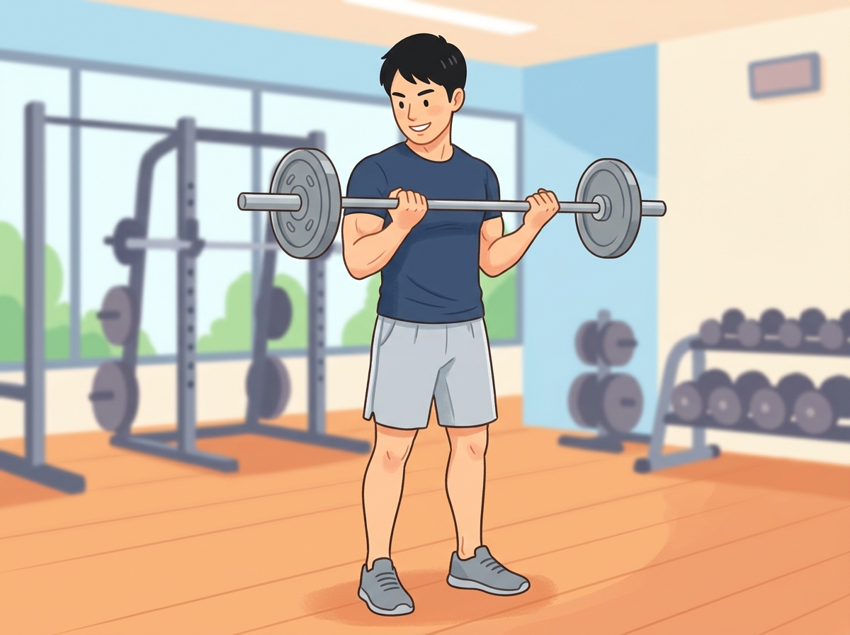 Professional illustration for article section about: バーベルを使った上腕二頭筋トレーニング. 日本人が理解しやすい自然で親しみやすい画像。写真のよ