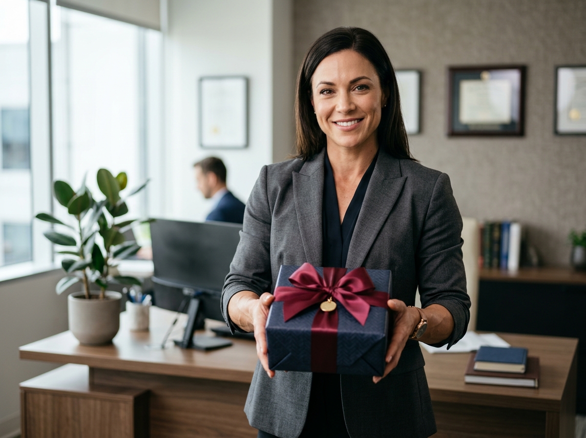 A professional setting featuring a well-dressed muscular man or woman presenting a beautifully wrapp