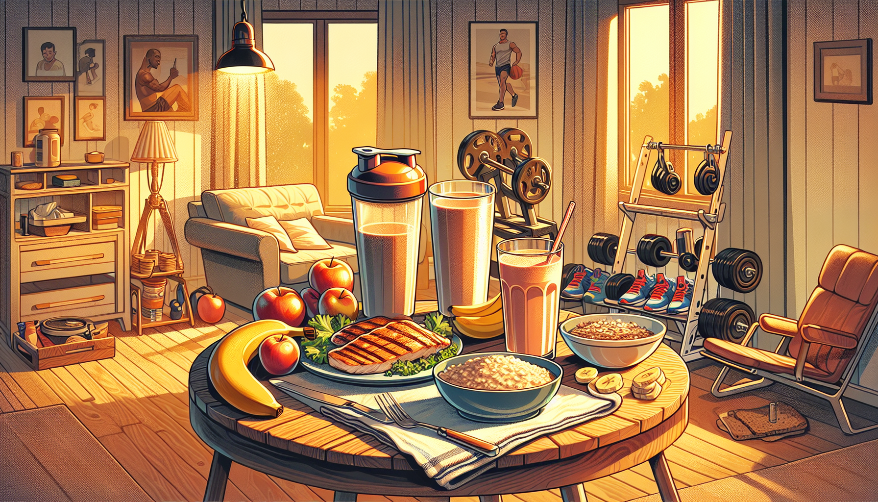 A cozy kitchen scene featuring a nutritious post-workout meal. On the table, there is a plate with g