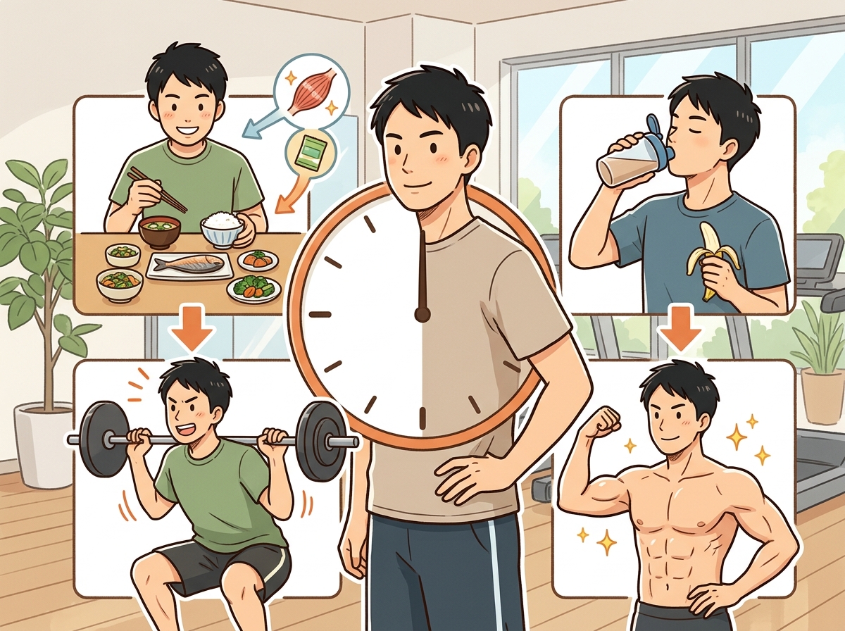 Professional illustration for article section about: 食事のタイミングと筋トレ効果. 日本人が理解しやすい自然で親しみやすい画像。写真のようなリアル