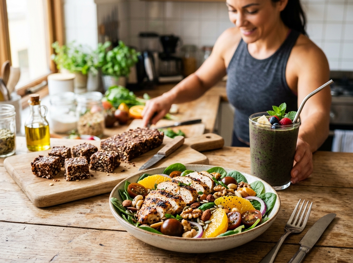 A close-up of a healthy meal prep scene featuring a vibrant grilled chicken salad with colorful ingr